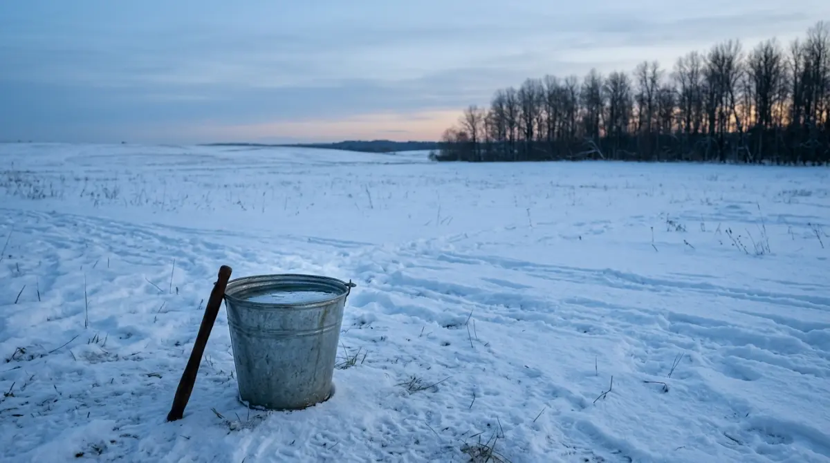 Порожнє засніжене поле в сутінках і металеве відро з водою на передньому плані