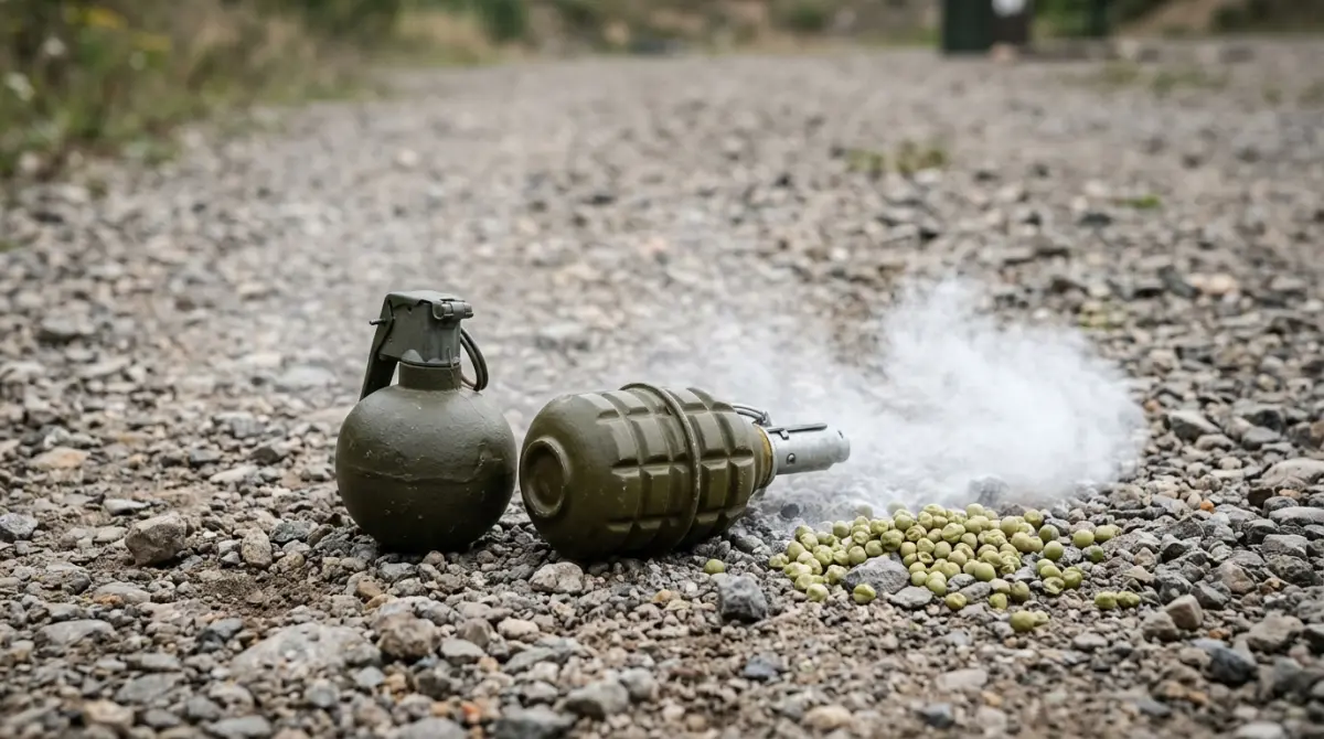 Два корпуси навчальних гранат у формі РГД-5 і M67 на гравії поруч із горохом і хмаркою крейди